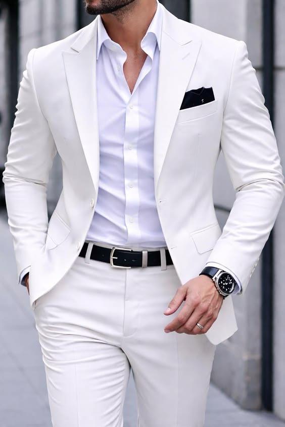 Men’s Elegant White Slim-Fit 2-Piece Suit Set with White Dress Shirt & Black Pocket Square