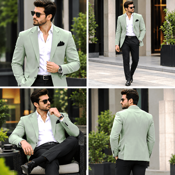 Men’s Sage Green Tailored Blazer with White Shirt & Black Trousers – Elegant Formal & Party Wear Suiting Set Men’s Sage Green Tailored Blazer with White Shirt & Black Trousers – Elegant Formal & Party Wear Suiting Set