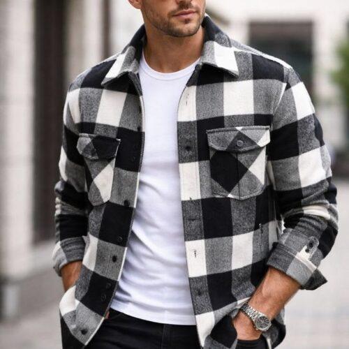 Men’s Black & White Checkered Overshirt Jacket with Front Pockets – Stylish Casual & Streetwear Shirt Jacket