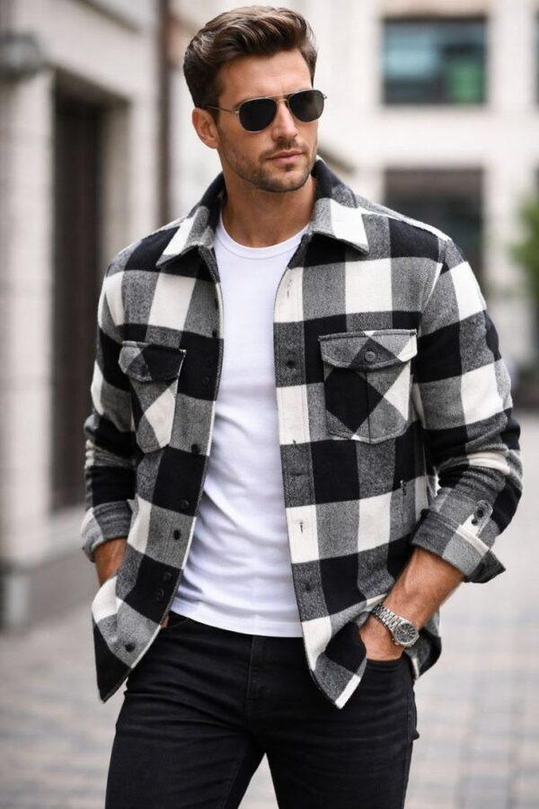 Men’s Black & White Checkered Overshirt Jacket with Front Pockets – Stylish Casual & Streetwear Shirt Jacket