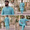 Men’s Aqua Blue Embroidered Designer Nehru Jacket with Matching Kurta & Pajama Set