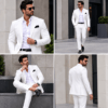 Men’s Elegant White Slim-Fit 2-Piece Suit Set with White Dress Shirt & Black Pocket Square