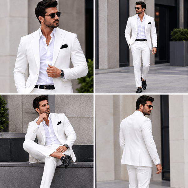 Men’s Elegant White Slim-Fit 2-Piece Suit Set with White Dress Shirt & Black Pocket Square