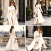 Women’s Elegant Ivory White Double-Breasted Long Trench Coat with Gold Buttons & Belt – Sophisticated Winter Fashion Wear