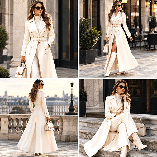 Women’s Elegant Ivory White Double-Breasted Long Trench Coat with Gold Buttons & Belt – Sophisticated Winter Fashion Wear