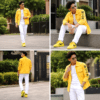 Men’s Vibrant Yellow Utility Jacket with Graphic Sleeve Details & White Pants – Stylish Casual Streetwear Outfit