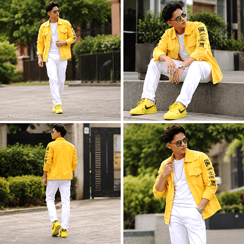 Men’s Vibrant Yellow Utility Jacket with Graphic Sleeve Details & White Pants – Stylish Casual Streetwear Outfit