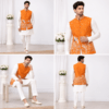 Men’s Orange Embroidered Silk Blend Nehru Men’s Orange Embroidered Silk Blend Nehru Jacket with White Kurta & Pajama Set