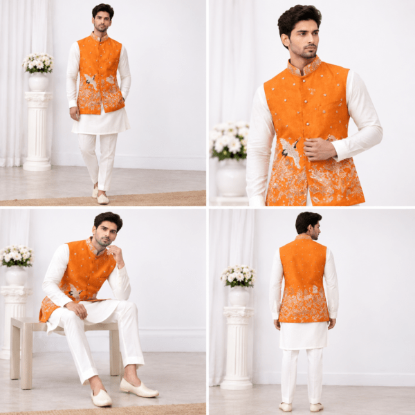 Men’s Orange Embroidered Silk Blend Nehru Men’s Orange Embroidered Silk Blend Nehru Jacket with White Kurta & Pajama Set