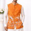 Men’s Orange Embroidered Silk Blend Nehru Jacket with White Kurta & Pajama Set Men’s Orange Embroidered Silk Blend Nehru Jacket with White Kurta & Pajama Set