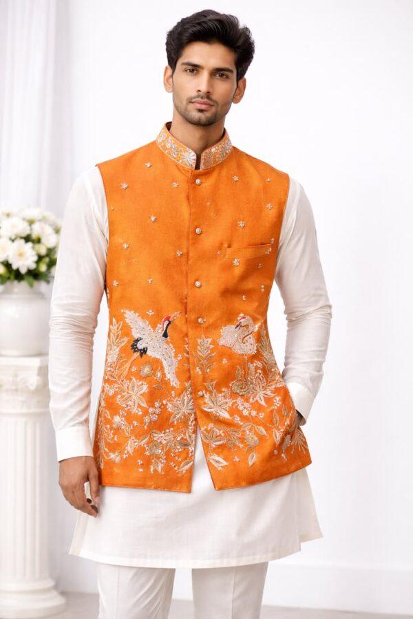 Men’s Orange Embroidered Silk Blend Nehru Jacket with White Kurta & Pajama Set Men’s Orange Embroidered Silk Blend Nehru Jacket with White Kurta & Pajama Set