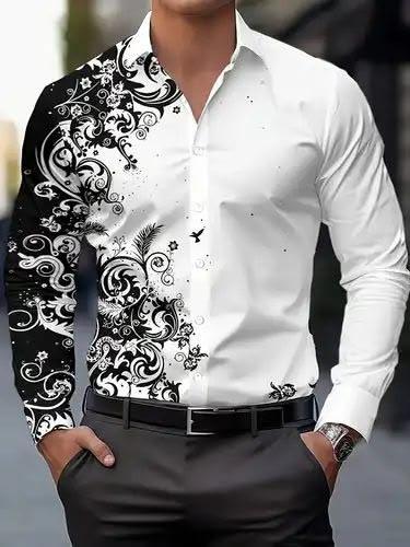 Men’s White & Black Paisley Printed Full-Sleeve Shirt with Contrast Design – Stylish Casual & Party Wear