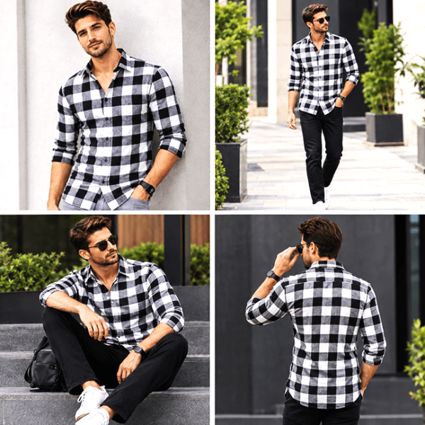 Men’s Black & White Checkered Full-Sleeve Casual Shirt – Stylish Plaid Pattern Shirt for Casual & Party Wear