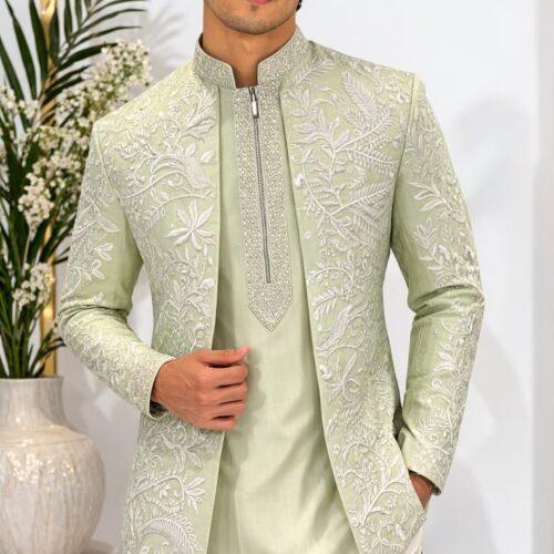 Sage Green Embroidered Sherwani Jacket with Kurta & Trousers