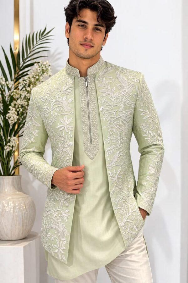 Sage Green Embroidered Sherwani Jacket with Kurta & Trousers Sage Green Embroidered Sherwani Jacket with Kurta & Trousers