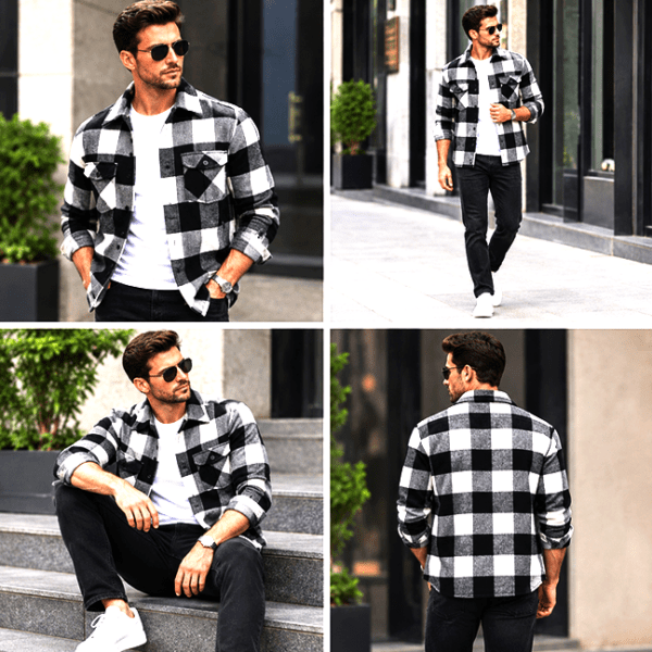 Men’s Black & White Checkered Overshirt Jacket with Front Pockets – Stylish Casual & Streetwear Shirt Jacket
