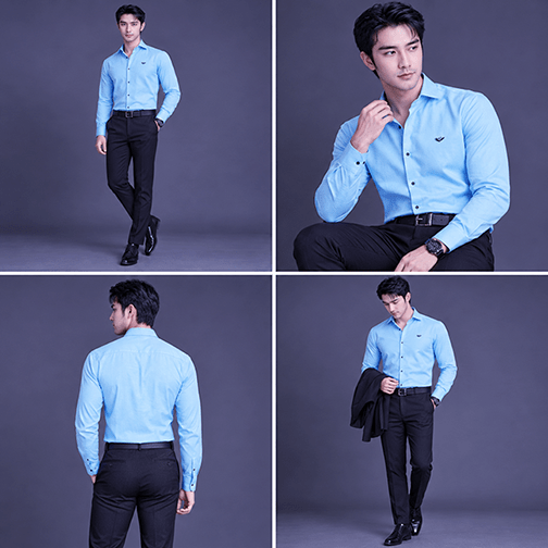 Men’s Sky Blue Full-Sleeve Formal Shirt with Black Trousers – Stylish Slim-Fit Office & Party Wear Outfit