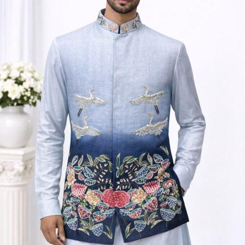 Men’s Light Blue Embroidered Nehru Jacket with Crane & Floral Motif