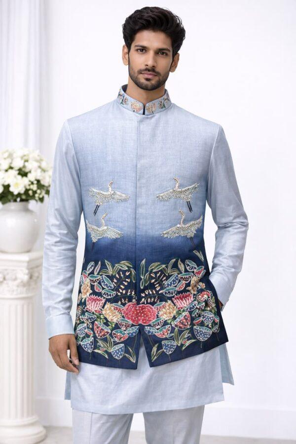 d2f1a809da1799d4c278a48b17290350.jpg Men’s Light Blue Embroidered Nehru Jacket with Crane & Floral Motif