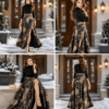 Women’s Black & Gold Printed High-Waist Maxi Skirt with Front Slit