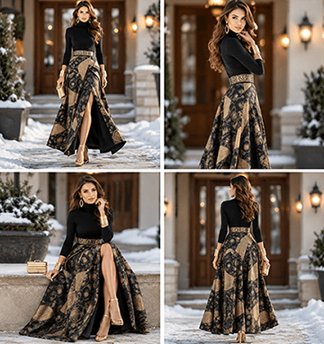 Women’s Black & Gold Printed High-Waist Maxi Skirt with Front Slit
