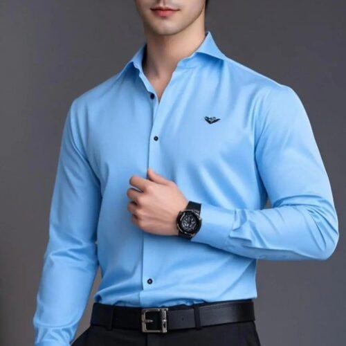 Men’s Sky Blue Full-Sleeve Formal Shirt with Black Trousers – Stylish Slim-Fit Office & Party Wear Outfit