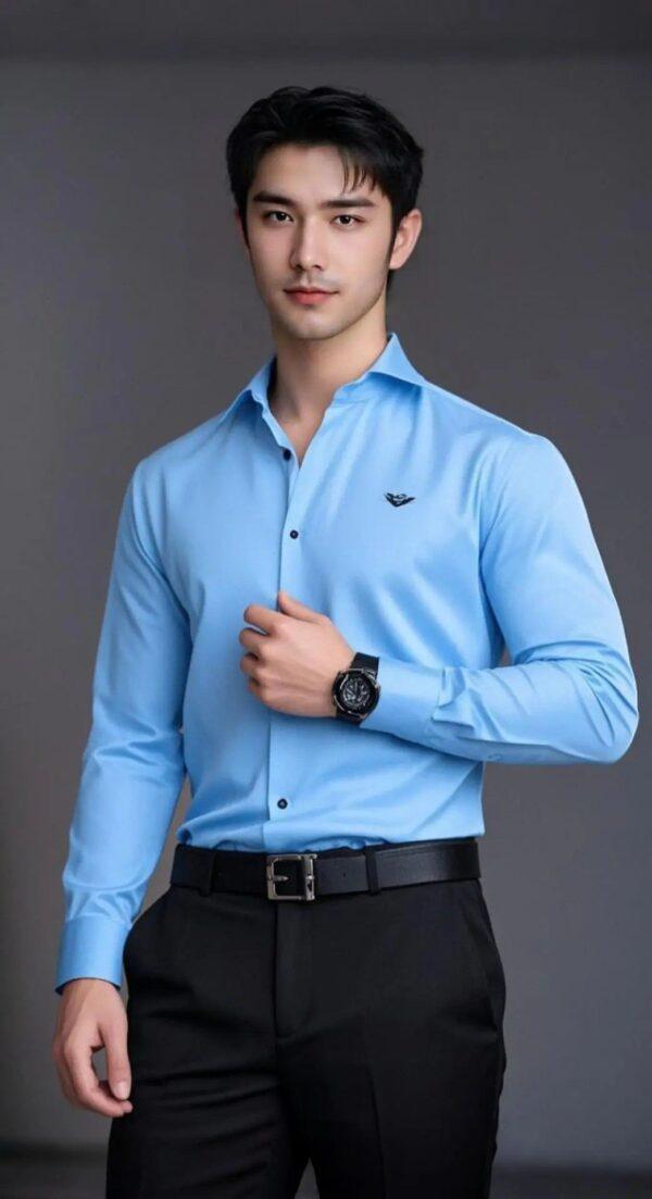 Men’s Sky Blue Full-Sleeve Formal Shirt with Black Trousers – Stylish Slim-Fit Office & Party Wear Outfit