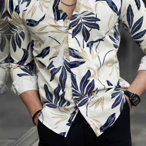 Men’s Cream & Navy Blue Tropical Leaf Printed Full-Sleeve Shirt – Stylish Casual & Resort Party Wear