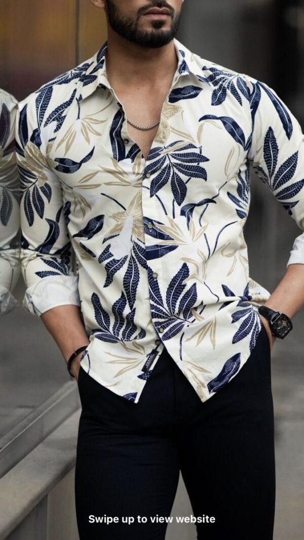 Men’s Cream & Navy Blue Tropical Leaf Printed Full-Sleeve Shirt – Stylish Casual & Resort Party Wear Men’s Cream & Navy Blue Tropical Leaf Printed Full-Sleeve Shirt – Stylish Casual & Resort Party Wear