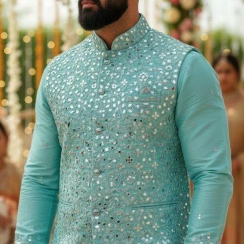 Men’s Aqua Blue Embroidered Designer Nehru Jacket with Matching Kurta & Pajama Set