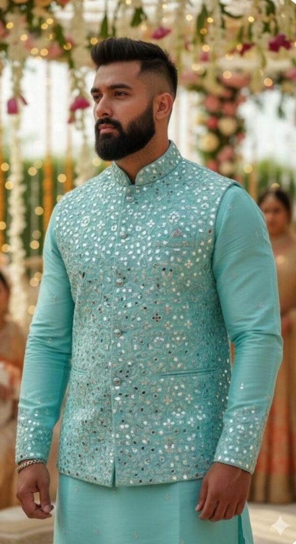 Men’s Aqua Blue Embroidered Designer Nehru Jacket with Matching Kurta & Pajama Set