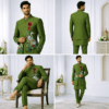 Men’s Olive Green Embroidered Bird & Floral Designer Nehru Jacket with Matching Kurta & Pajama Set
