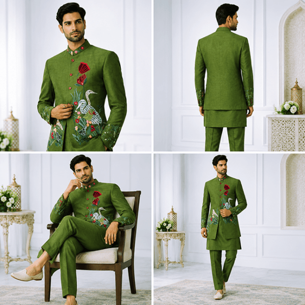 Men’s Olive Green Embroidered Bird & Floral Designer Nehru Jacket with Matching Kurta & Pajama Set