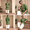 Men’s Olive Green Embroidered Silk Kurta with White Pajama Traditional Ethnic Wear Set