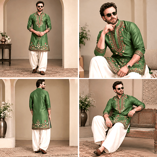 Men’s Olive Green Embroidered Silk Kurta with White Pajama Traditional Ethnic Wear Set